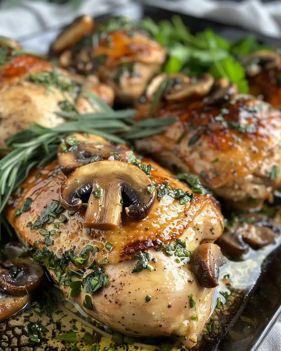 Mushroom stuffed chicken breasts plated and ready to serve
