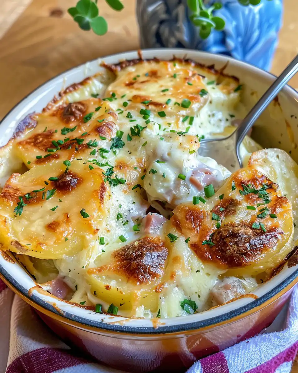 Golden brown baked scalloped potatoes and ham freshly served on table