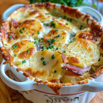 Scalloped potatoes and ham taken with iphone 15 pro max --iw 2 --ar 4:5 --v 6.0 --raw