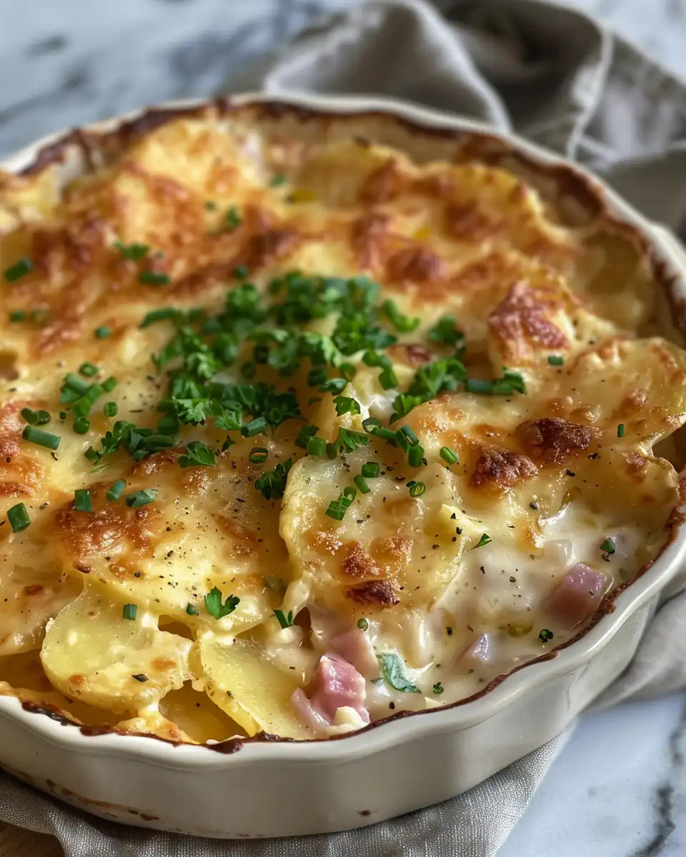 Ingredients for scalloped potatoes and ham including butter, onion, cream, and ham