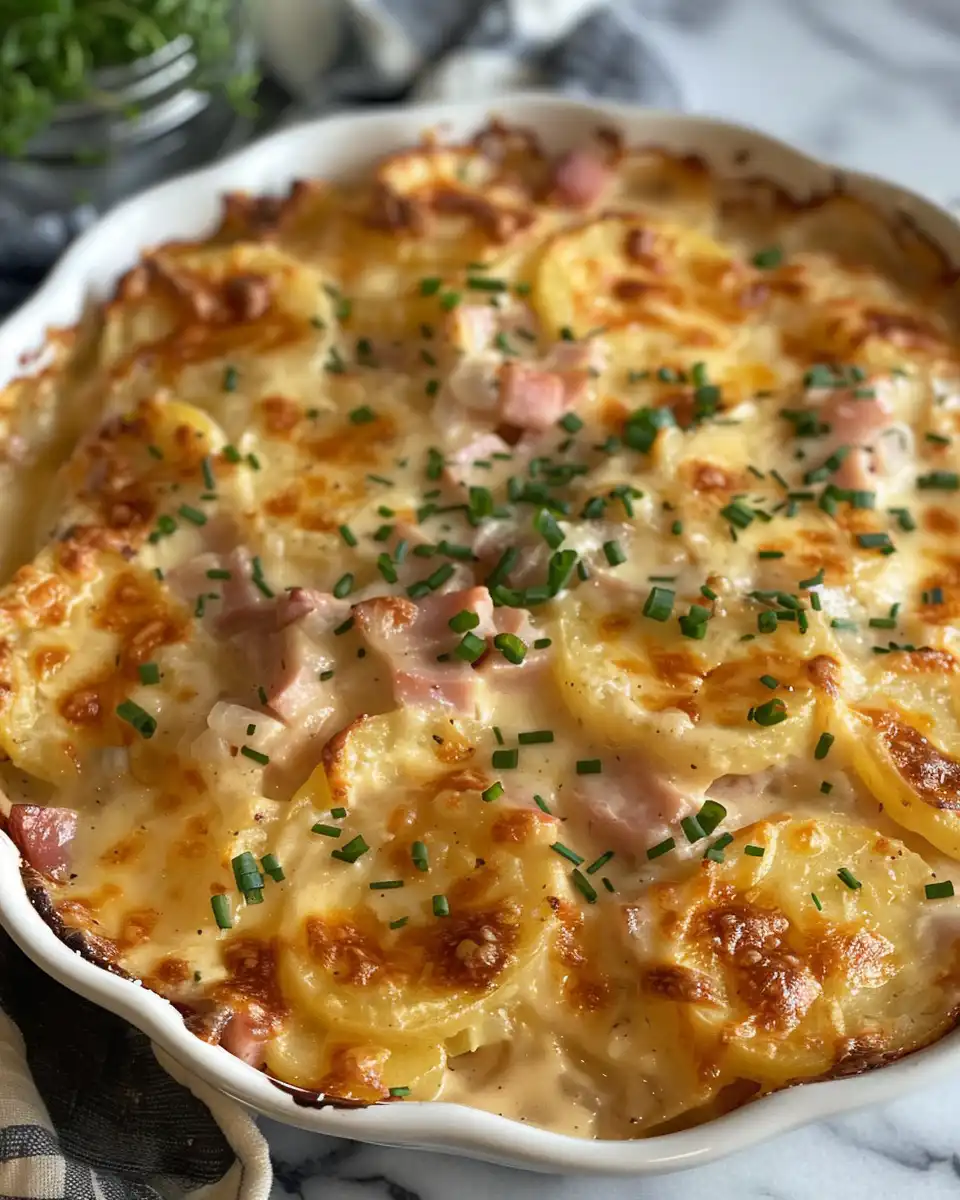 Golden bubbly scalloped potatoes with ham fresh out of oven ready to serve