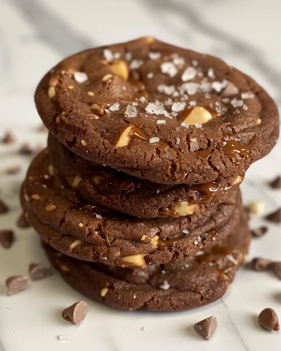 Ingredients for double chocolate salted caramel cookies including chips and sea salt flakes