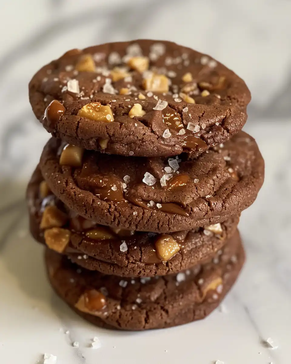 Close up of pulled double chocolate salted caramel cookie