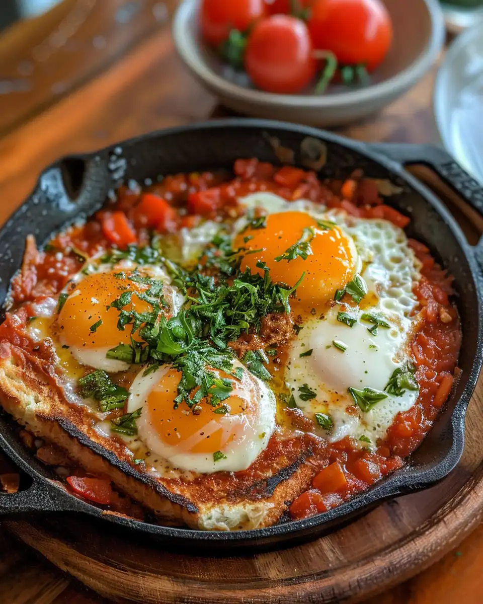 Serving of shakshouka on toasted bread with feta and pesto