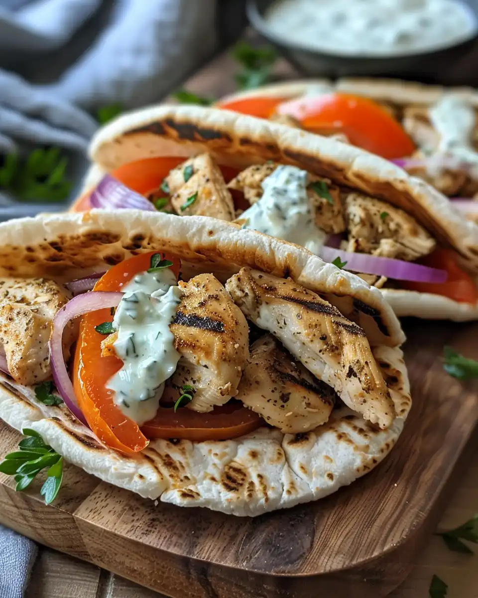 Stuffed pita bread with sliced chicken and herby ranch drizzle served on wooden board