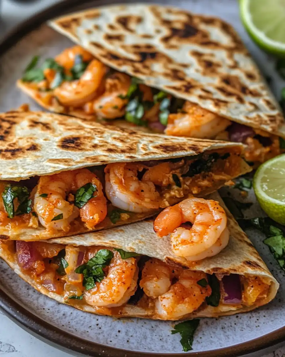 Finished shrimp quesadilla on a plate