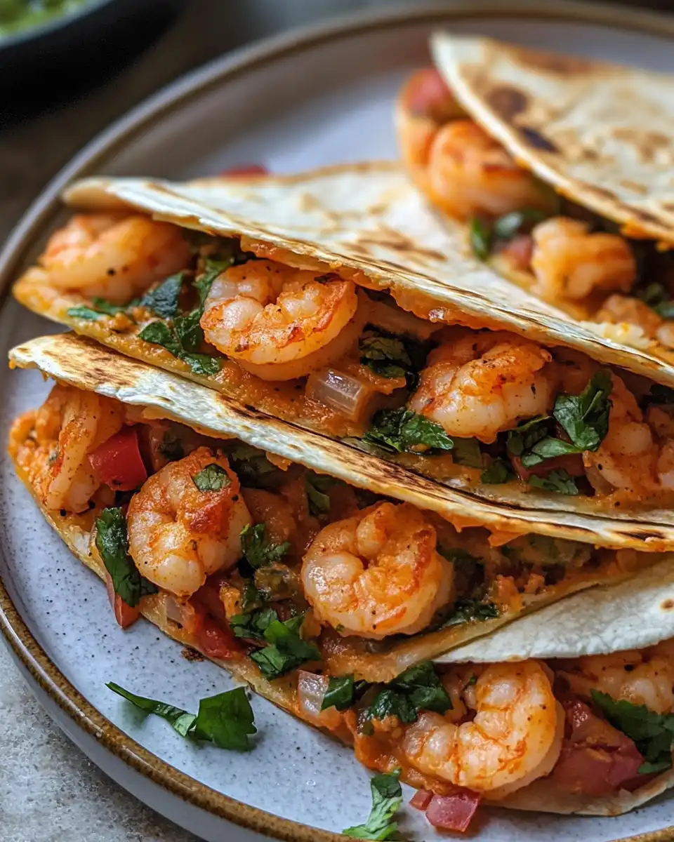 Close-up of cheesy shrimp quesadilla