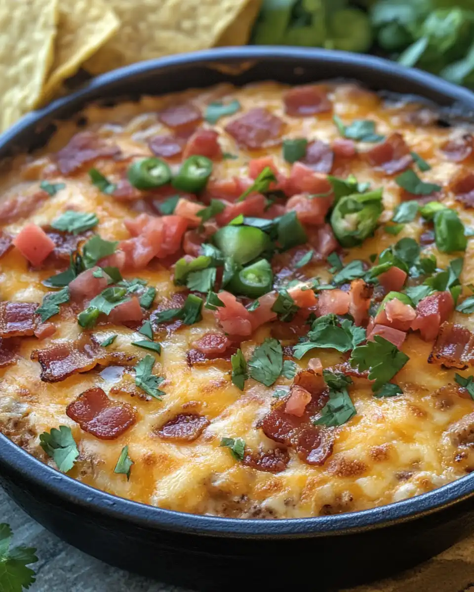 Ingredients for sizzling bacon cheeseburger queso dip including ground beef, cheese, and tomatoes close up
