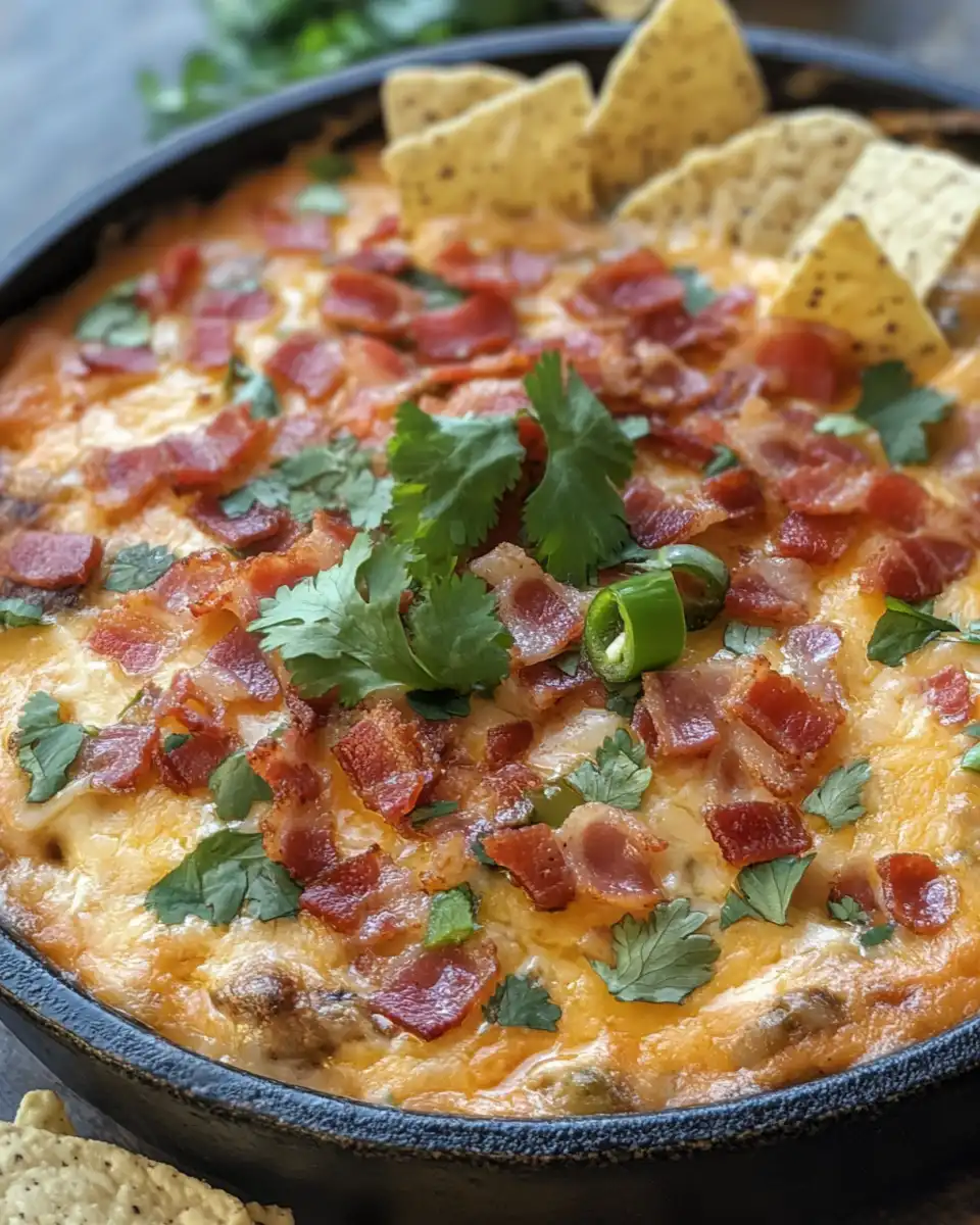 Finished bacon cheeseburger queso dip served warm in bowl with chips
