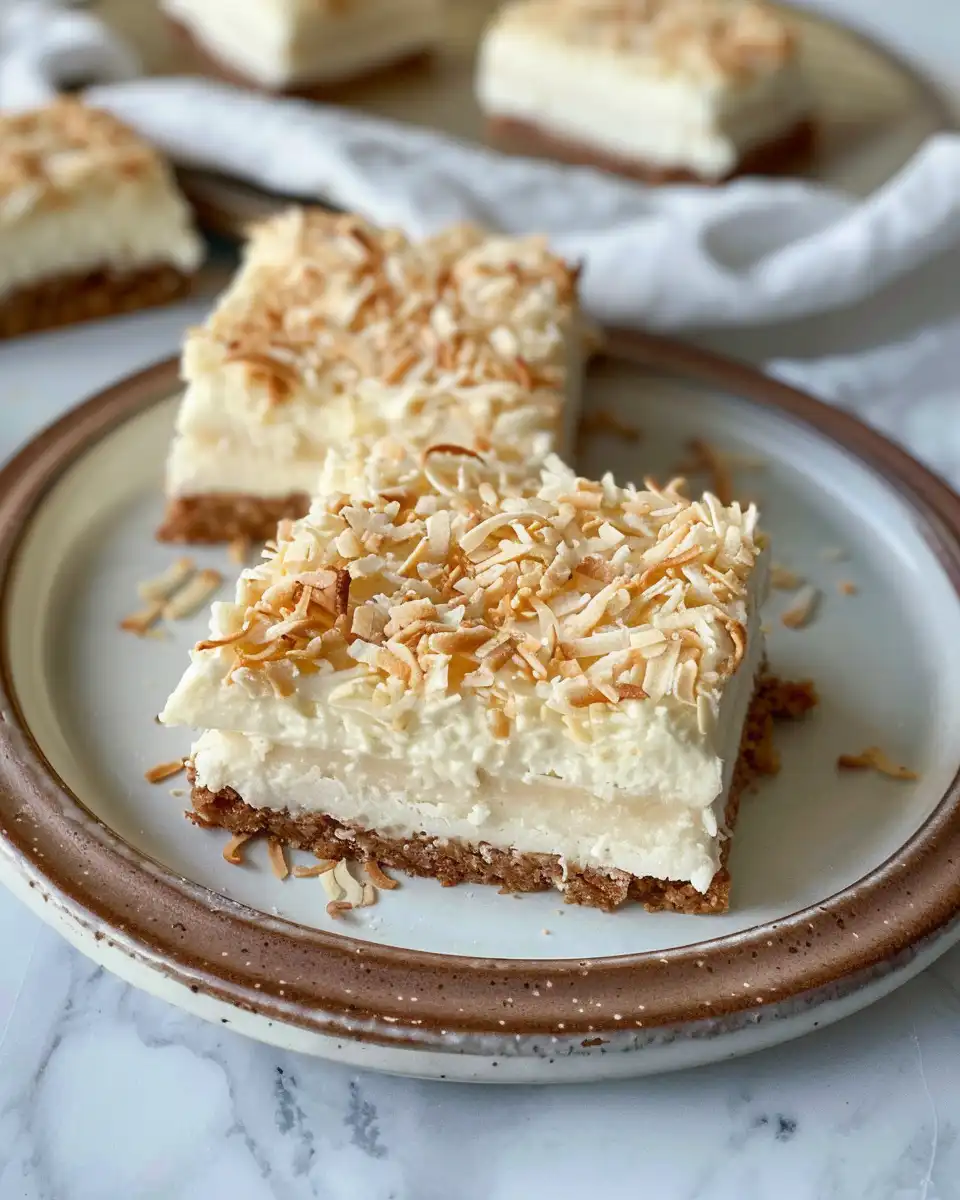 Finished coconut cheesecake bars served on a plate