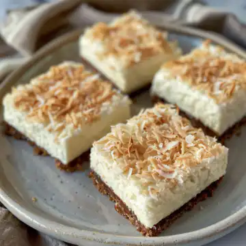 Skinny Coconut Cheesecake Bars taken with iphone 15 pro max --iw 2 --ar 4:5 --v 6.0 --raw