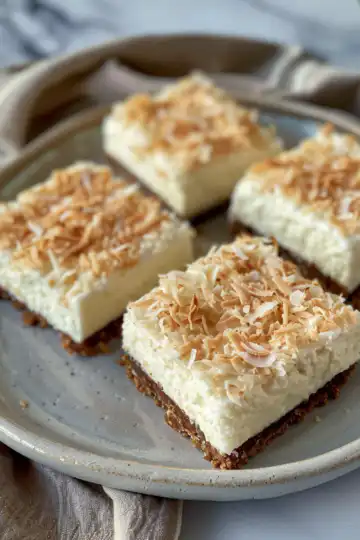 Skinny Coconut Cheesecake Bars taken with iphone 15 pro max --iw 2 --ar 4:5 --v 6.0 --raw