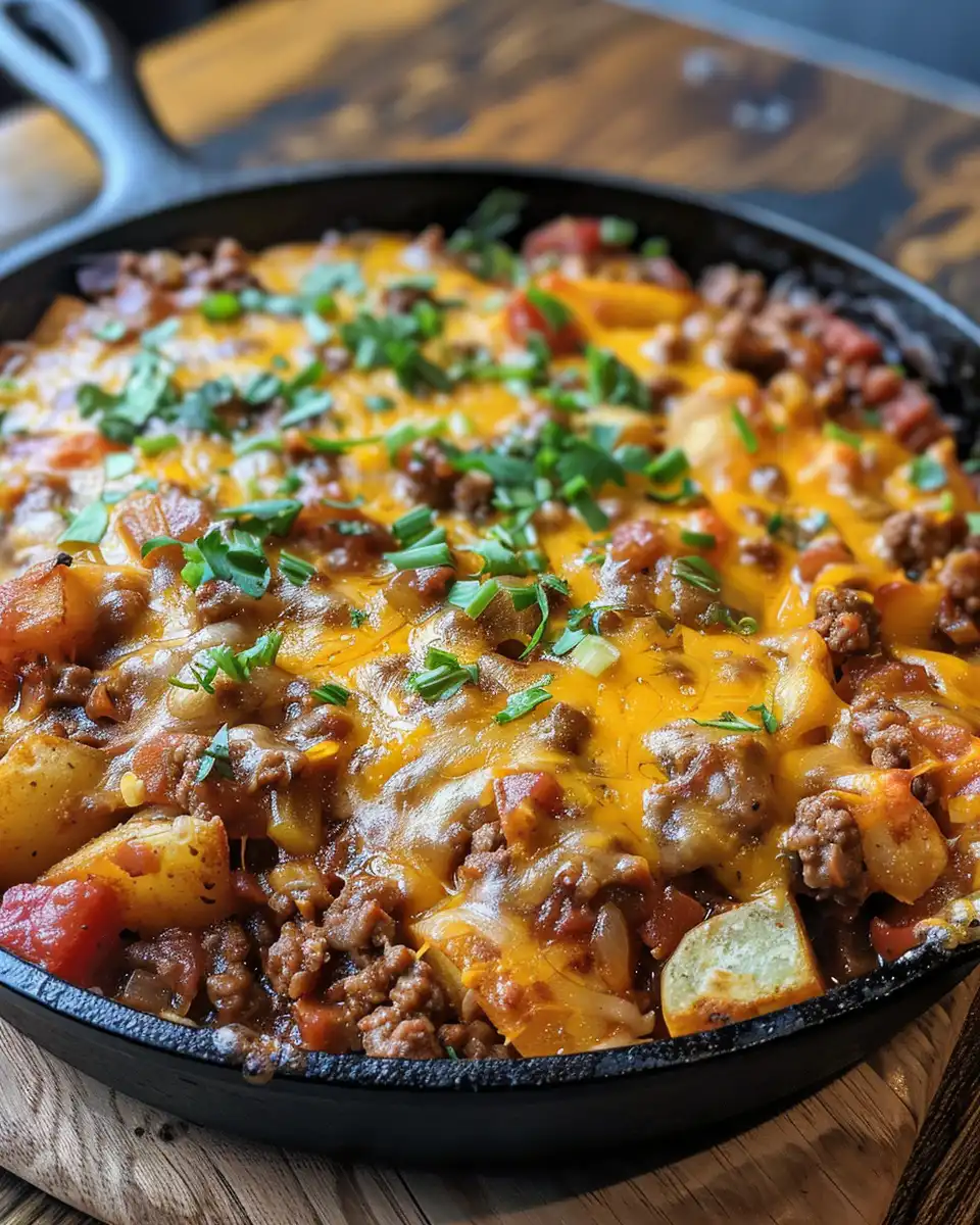 Cheesy Sloppy Joe potato skillet served in a bowl