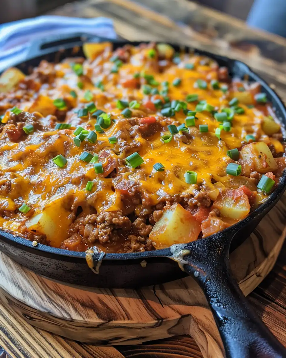 Pressure cooker with Sloppy Joe potato skillet cooking inside