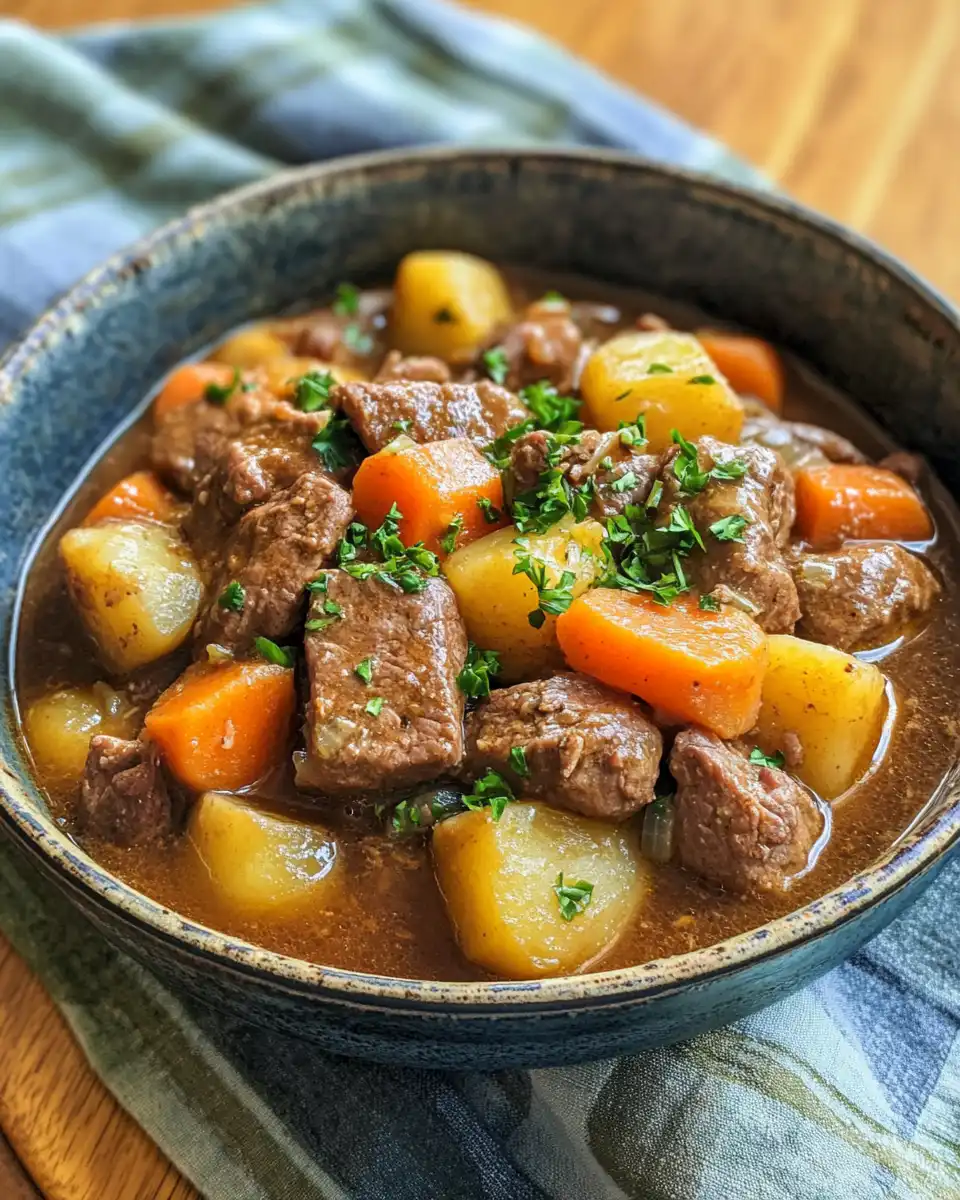 Finished beef stew served in a bowl