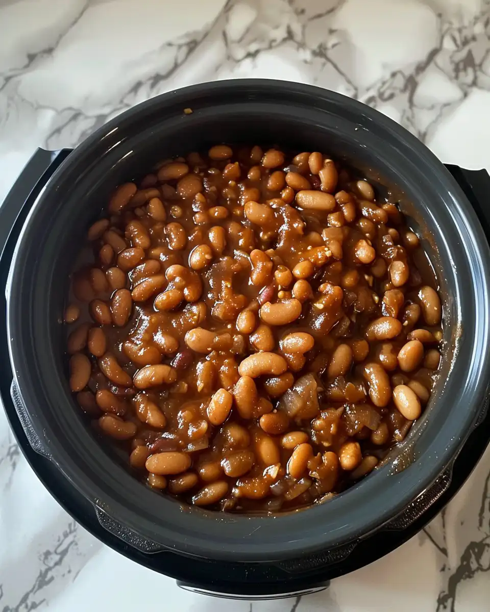 Slow cooker Boston baked beans simmering in pot