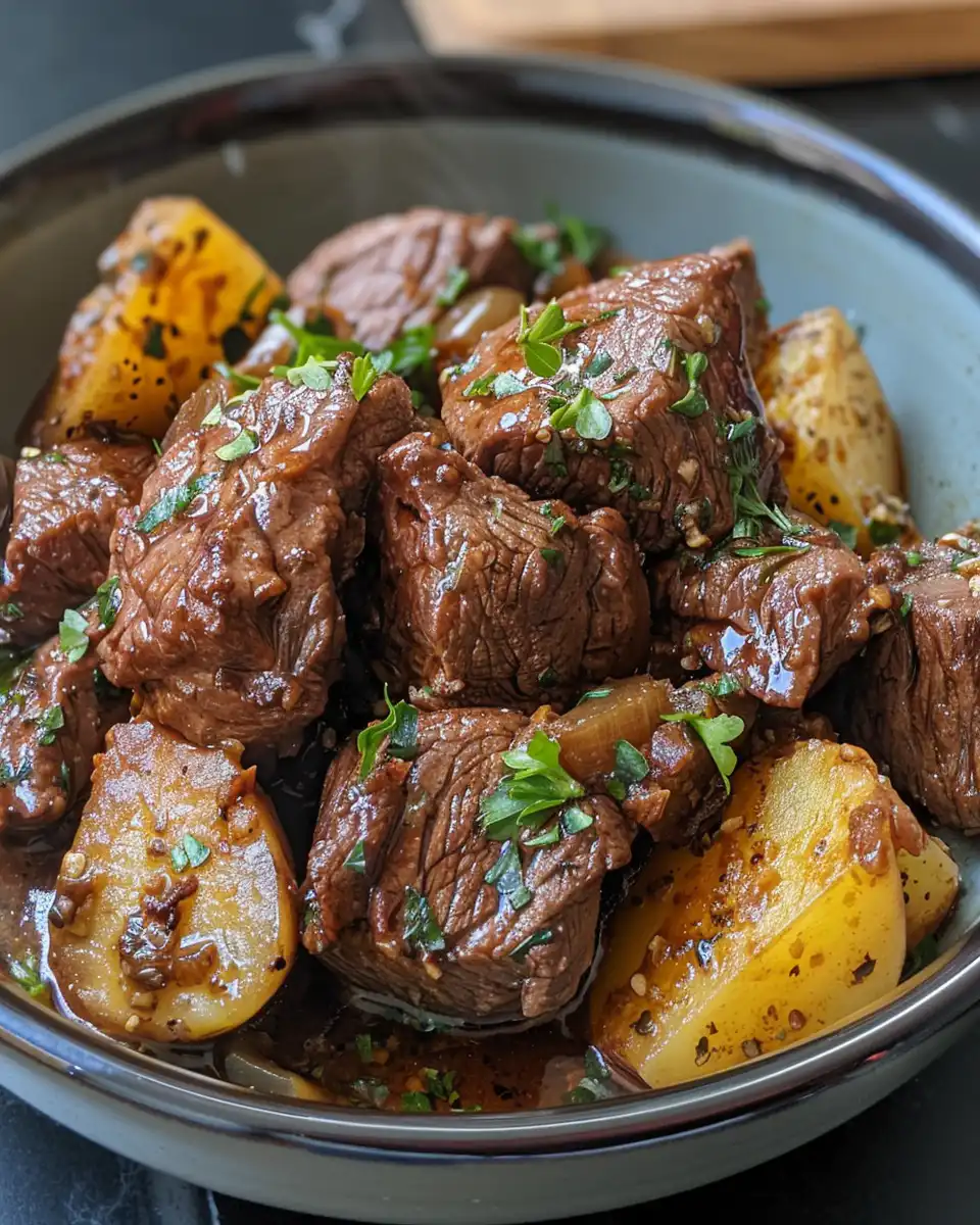 Served slow cooker garlic butter beef with potatoes and green beans