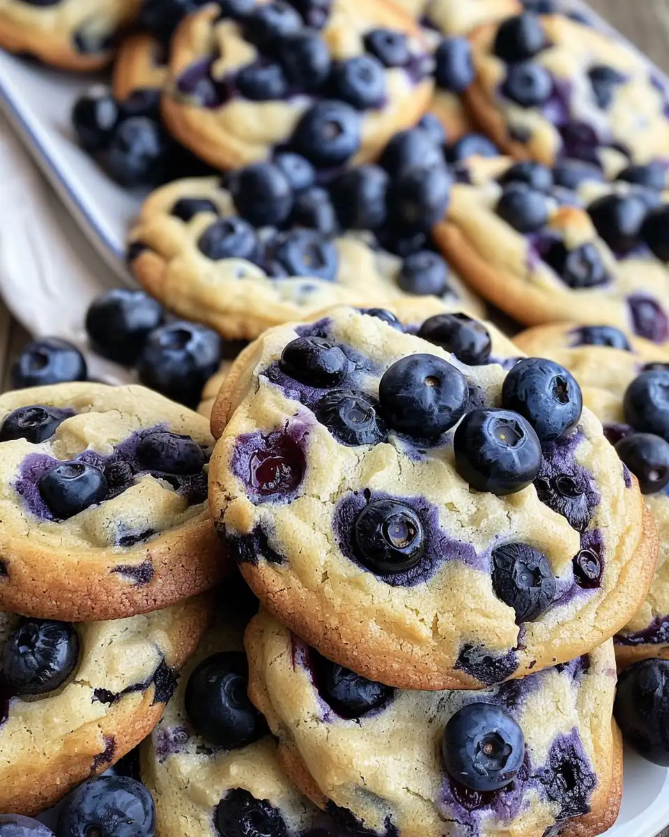 Close up of creamy blueberry cheesecake cookie with white chocolate chunks