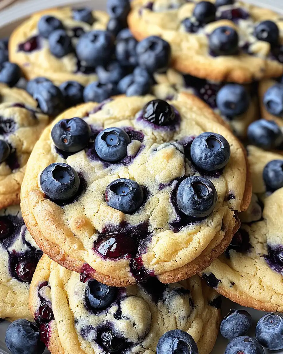 Soft blueberry cheesecake cookies freshly baked with cream cheese and fresh berries
