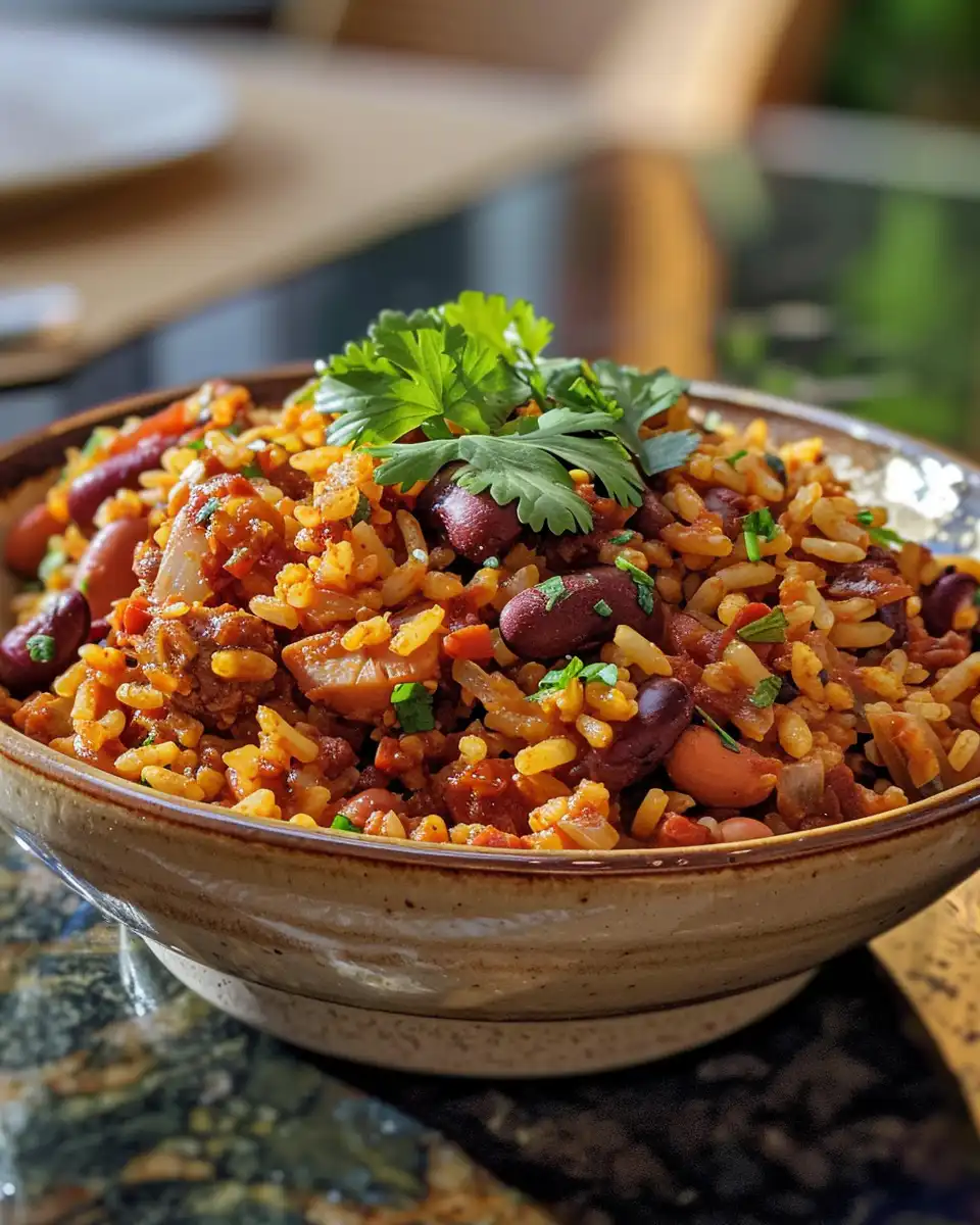 Served Spanish rice and beans plated and garnished