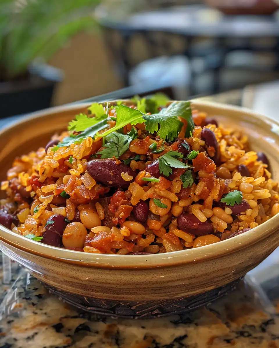 Steaming Spanish rice and beans cooking in pressure cooker