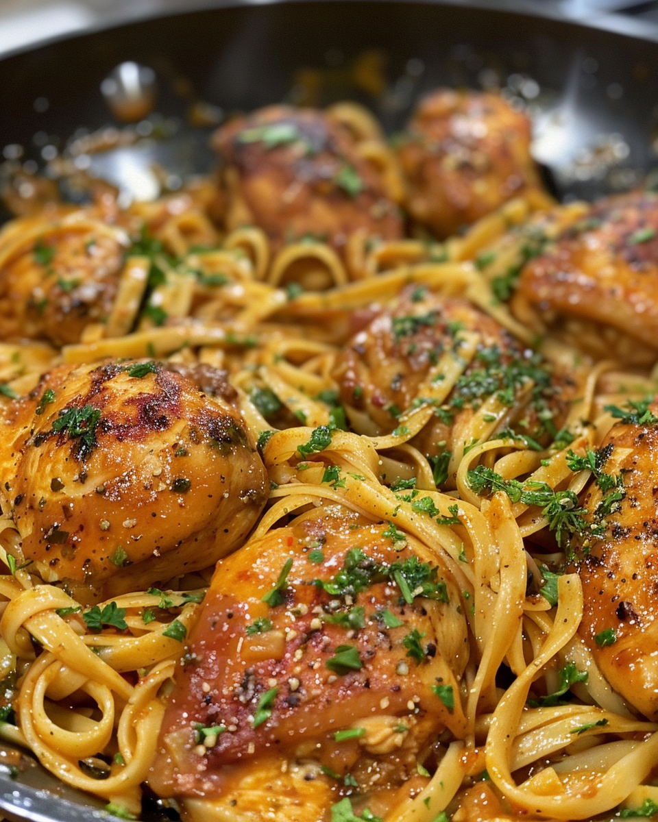 Final plate of spicy Cajun chicken and linguine pasta ready to enjoy