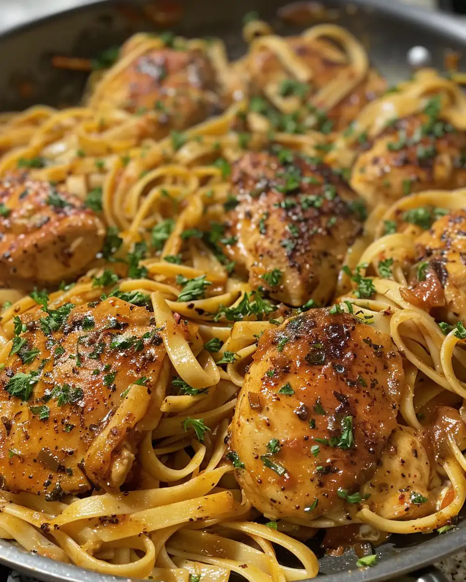 Pressure cooker with spicy cajun chicken and linguine beginning to cook