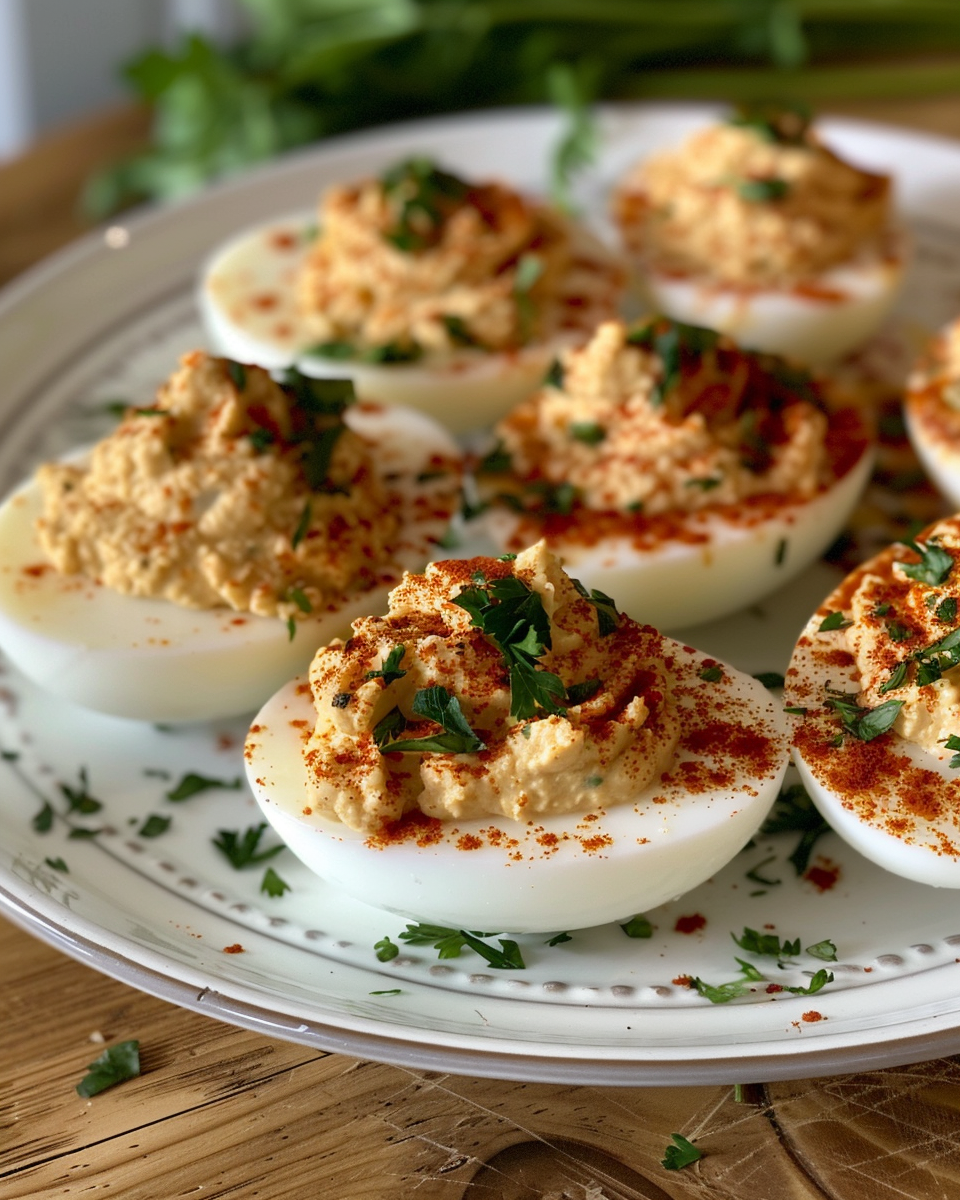 Finished spicy deviled eggs garnished with green onions and cayenne pepper