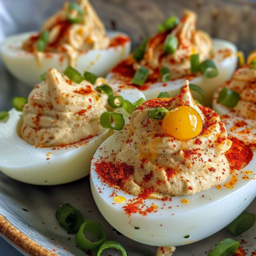 Spicy deviled eggs taken with iphone 15 pro max --iw 2 --ar 4:5 --v 6.0 --raw