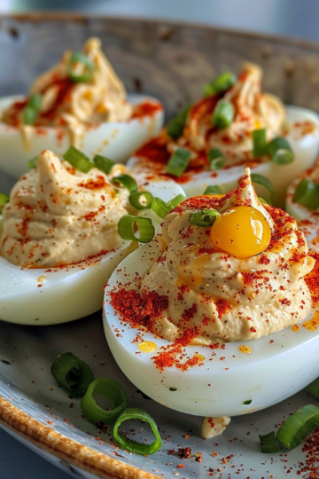 Spicy deviled eggs taken with iphone 15 pro max --iw 2 --ar 4:5 --v 6.0 --raw