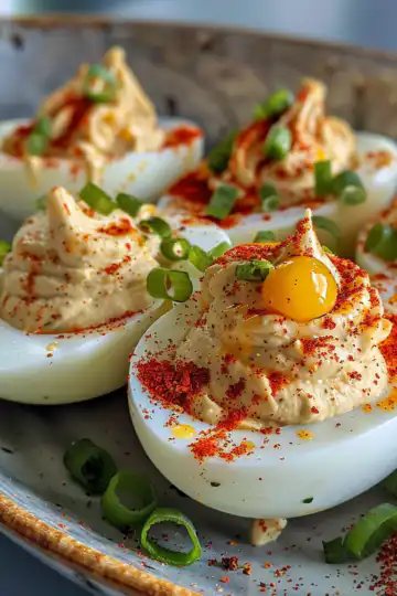 Spicy deviled eggs taken with iphone 15 pro max --iw 2 --ar 4:5 --v 6.0 --raw