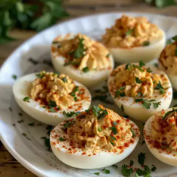 Spicy deviled eggs taken with iphone 15 pro max --iw 2 --ar 4:5 --v 6.0 --raw