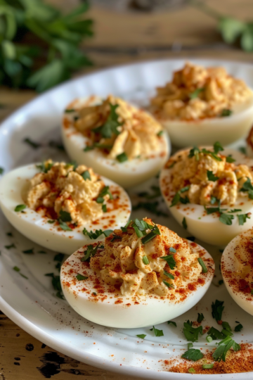 Spicy deviled eggs taken with iphone 15 pro max --iw 2 --ar 4:5 --v 6.0 --raw