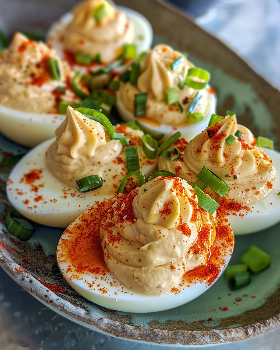 Finished spicy deviled eggs ready to serve with green onion garnish
