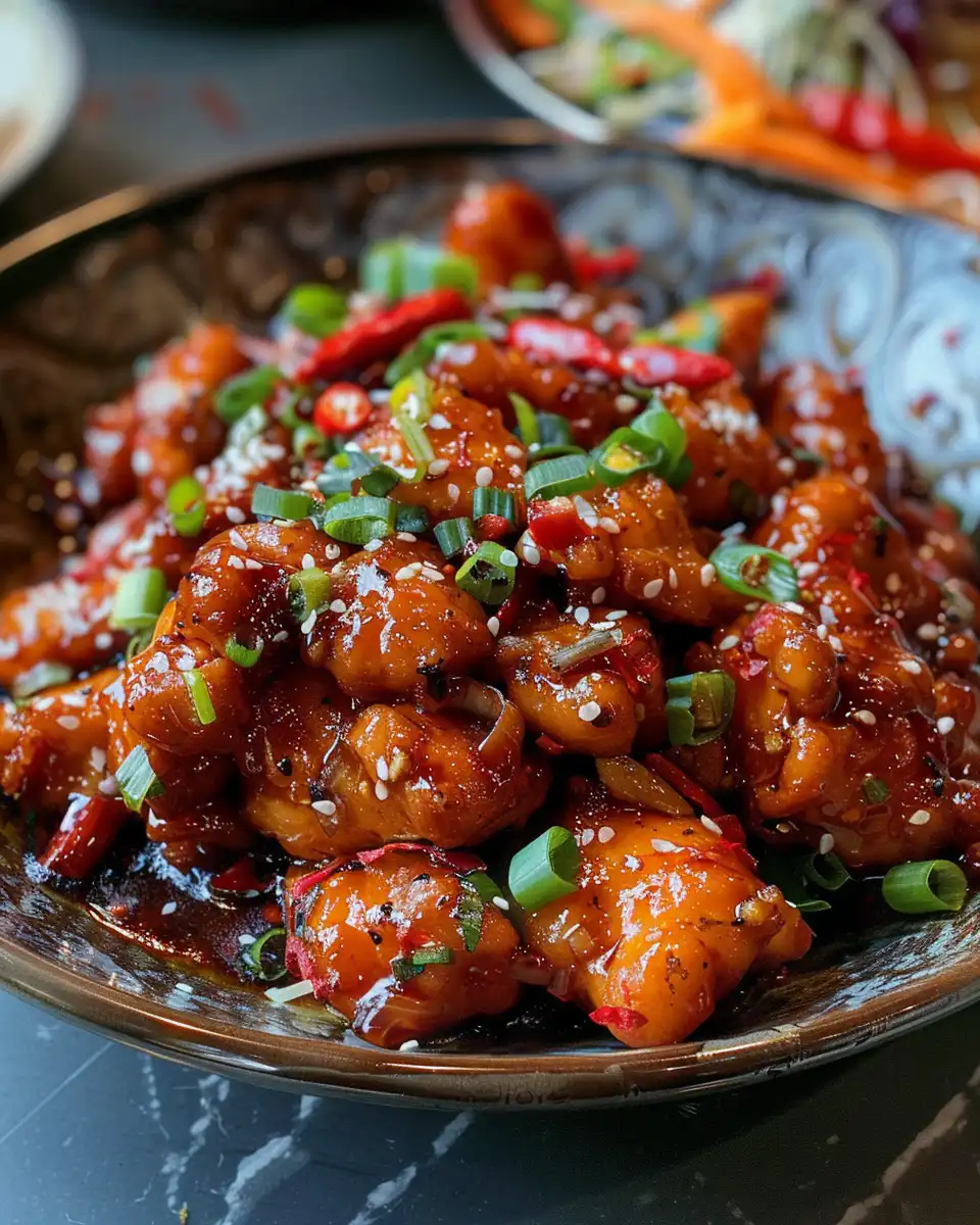 Finished spicy Dragon Chicken served on plate with garnish