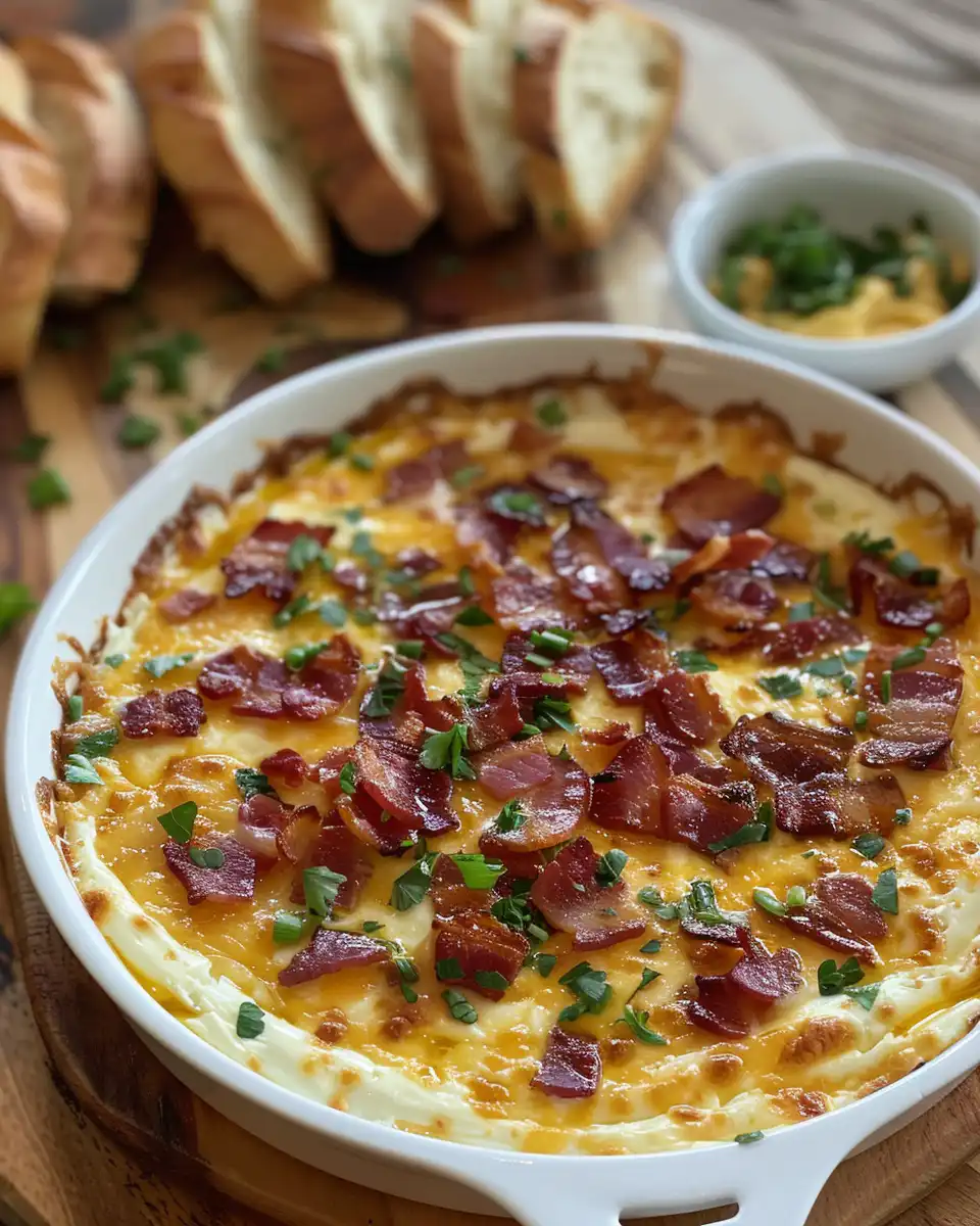 Close up of finished gouda and bacon dip with crispy bits and fresh scallions