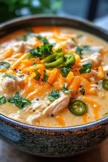 Spicy Jalapeño Popper Chicken Soup Cheesy & Cozy taken with iphone 15 pro max --iw 2 --ar 4:5 --v 6.1 --raw