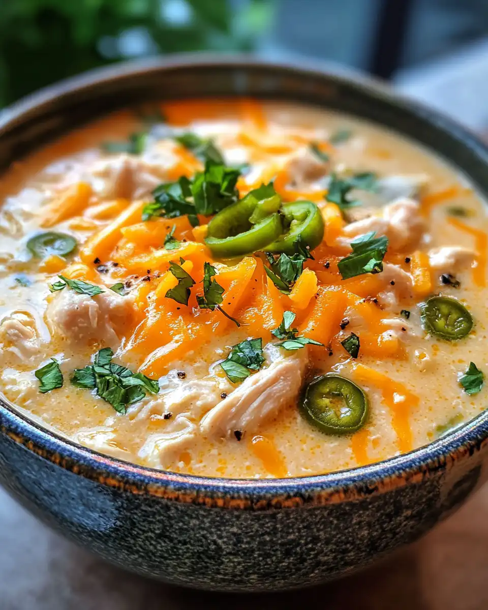 Bowl of creamy chicken jalapeno popper soup warming up the kitchen