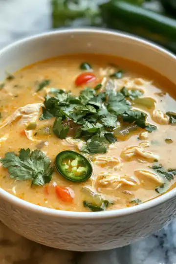 Spicy Jalapeño Popper Chicken Soup Recipe taken with iphone 15 pro max --iw 2 --ar 4:5 --v 6.1 --raw