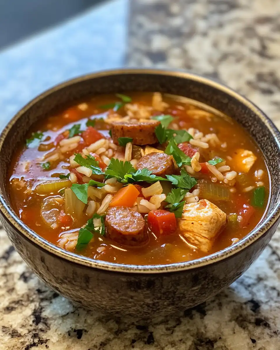 Final bowl of spicy jambalaya soup with sausage, chicken, and rice
