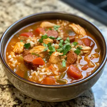 Spicy Jambalaya Soup with Andouille Sausage & Chicken taken with iphone 15 pro max --iw 2 --ar 4:5 --v 6.1 --raw