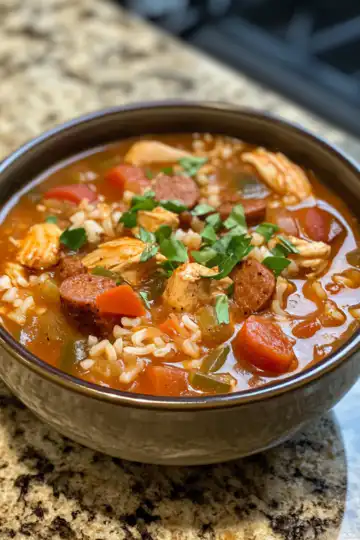 Spicy Jambalaya Soup with Andouille Sausage & Chicken taken with iphone 15 pro max --iw 2 --ar 4:5 --v 6.1 --raw