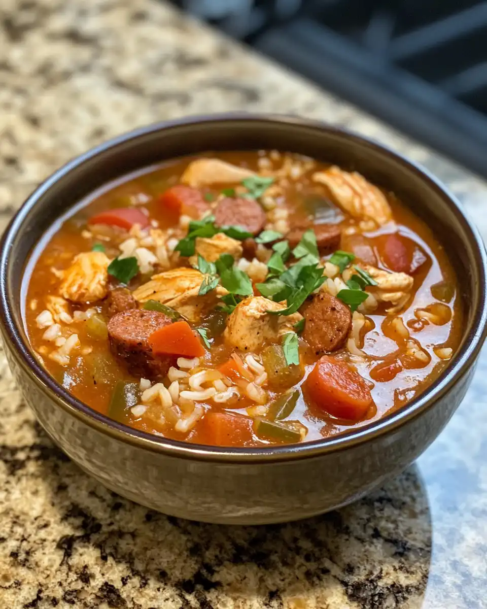 Spicy jambalaya soup simmering in pressure cooker with andouille sausage and chicken