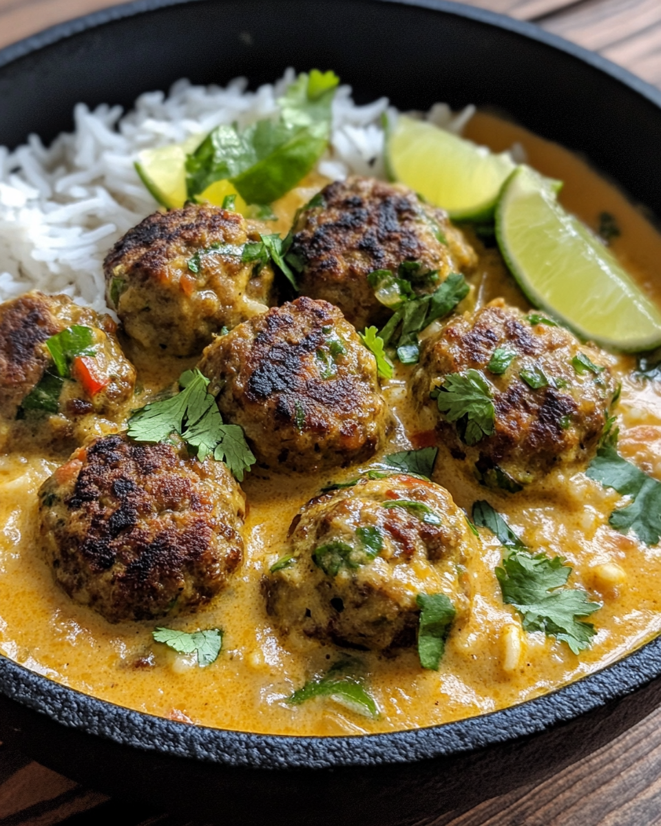 Final presentation of jerk chicken meatballs with coconut lime curry sauce served on a plate