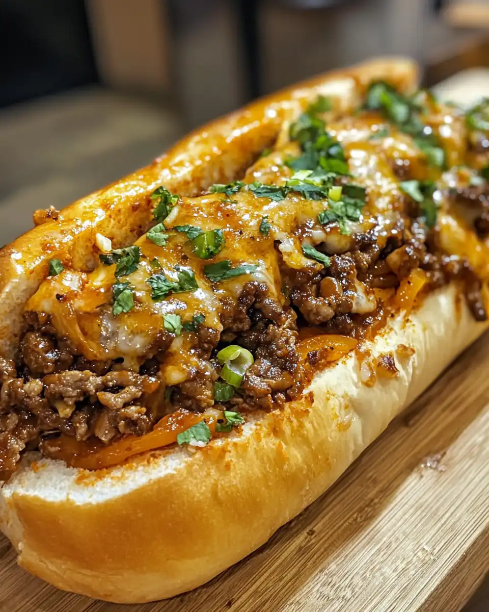 Final plated kimchi bulgogi cheesesteak sandwich served and ready to eat