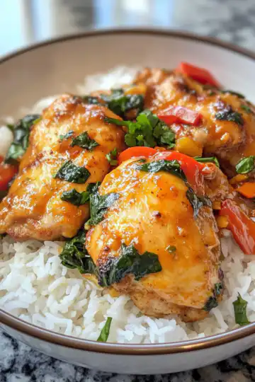 Spicy Maple Chicken and Coconut Rice taken with iphone 15 pro max --iw 2 --ar 4:5 --v 6.1 --raw