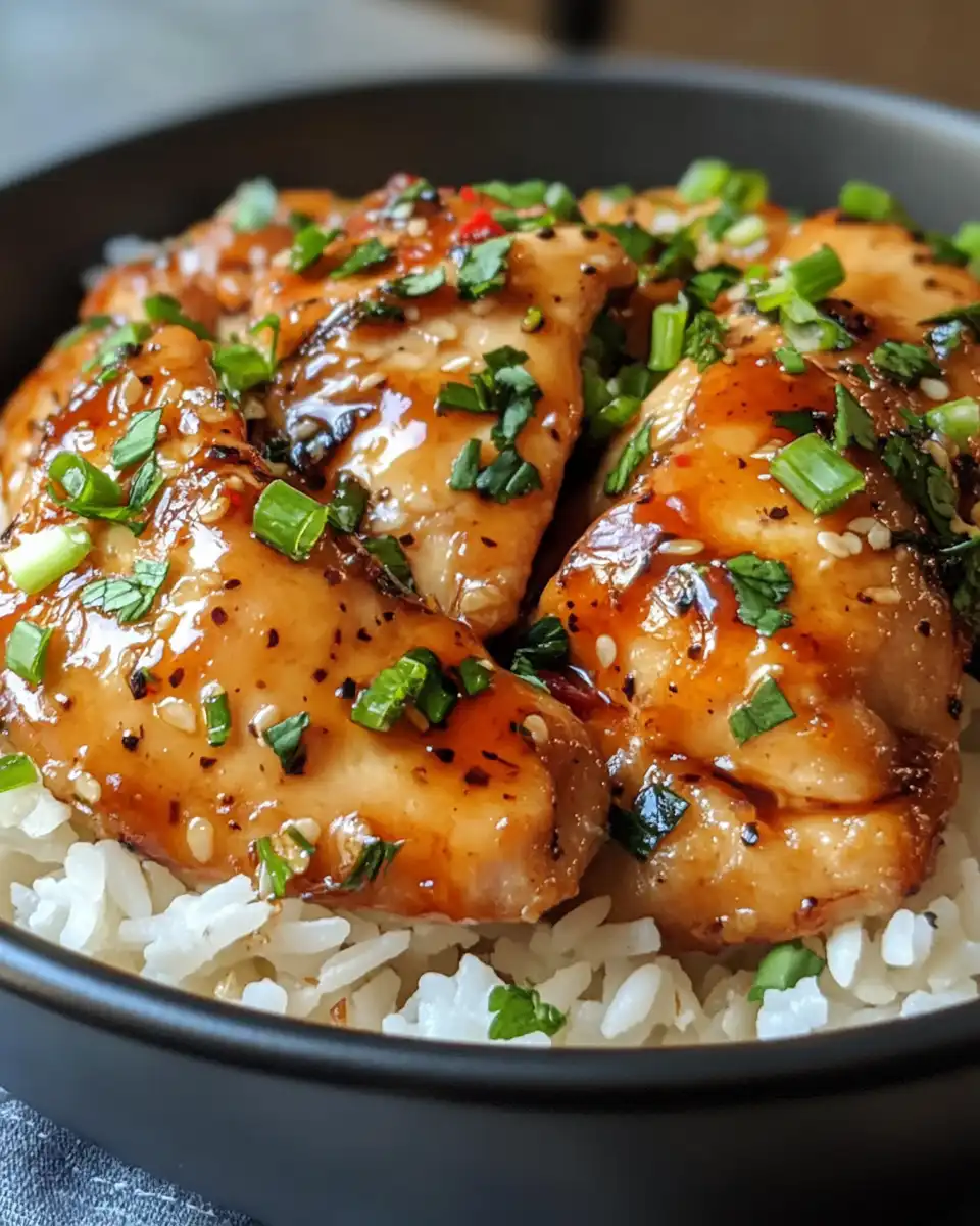 Final plated spicy maple chicken with coconut rice garnished with cilantro