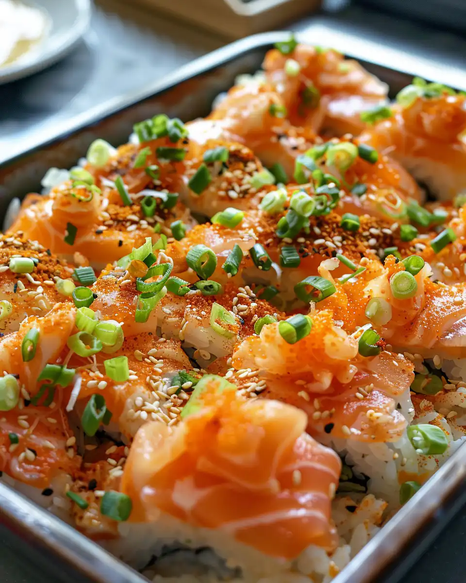 Final baked spicy salmon sushi dish served