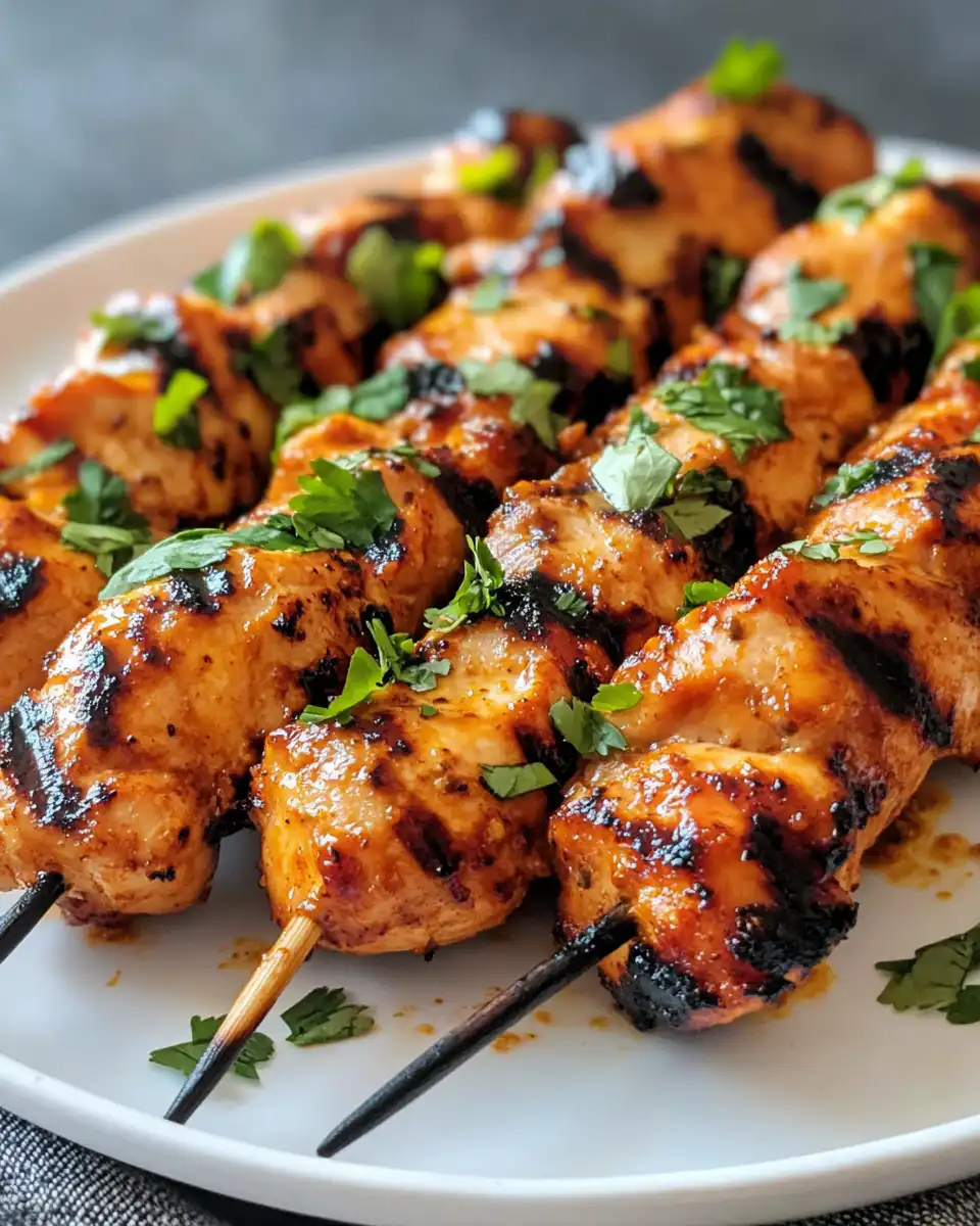 Ernest grilled chicken breasts coated in spicy Thai peanut sauce, ready to serve