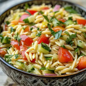Spring Orzo Salad taken with iphone 15 pro max --iw 2 --ar 4:5 --v 6.1 --raw
